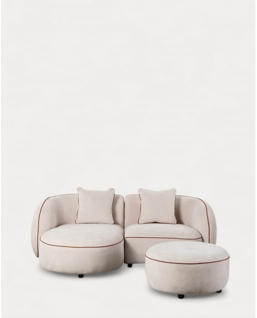 Sofá modular de canto de 2 peças com chaise longue e pufe redondo em tecido Ilham - Bege Seashell