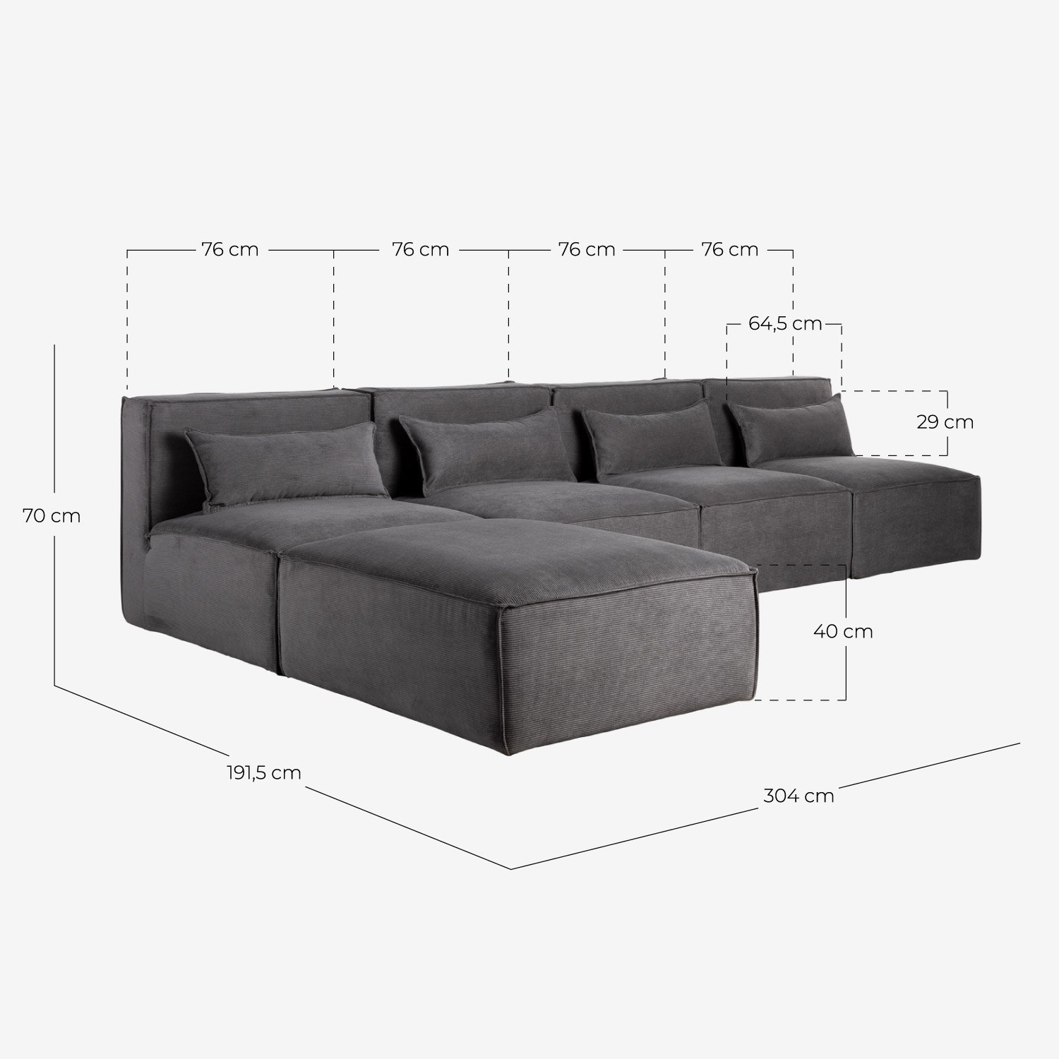 Sofá Modular de 4 Peças e Puff em Veludo Kilhe, Medidas