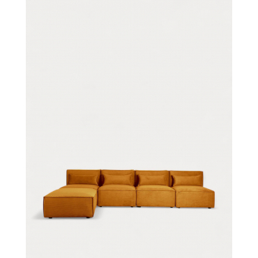 Sofá Modular de 4 Peças e Puff em Veludo Kilhe Veludo -Amarelo Curry - The Masie