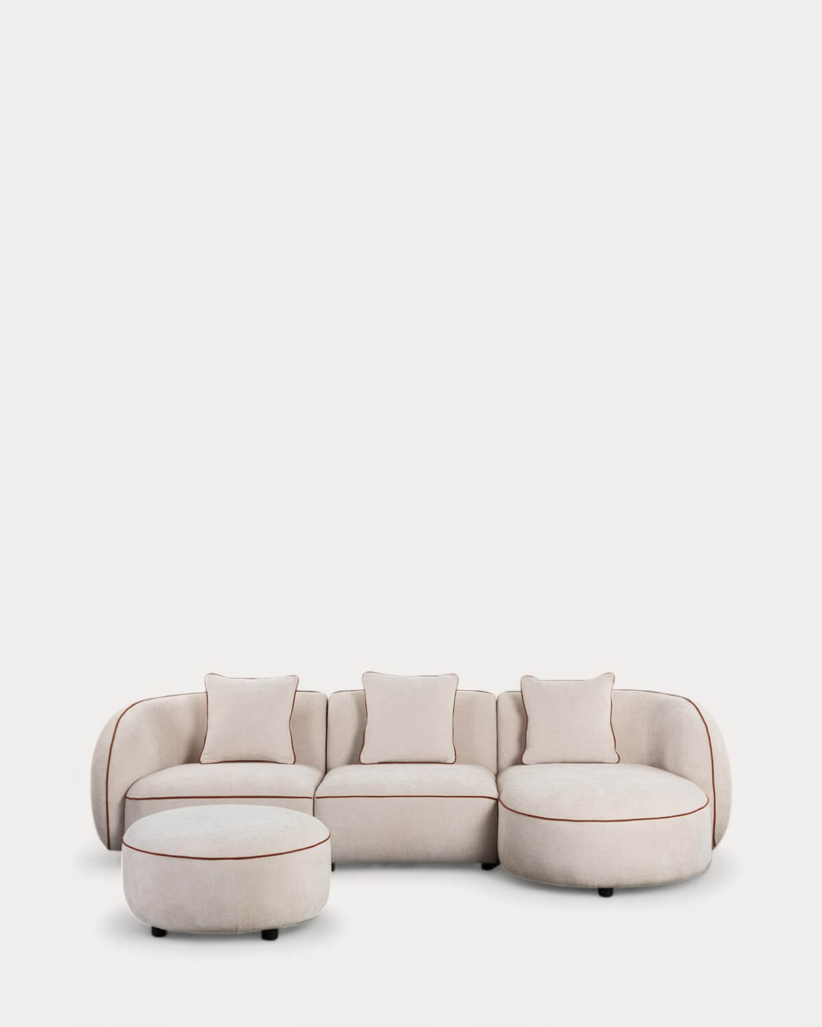Sofá Modular 3 Peças Chaise Longue com Canto e Puff Redondo em Tecido Ilham 