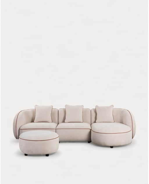 Sofá Modular 3 Peças Chaise Longue com Canto e Puff Redondo em Tecido Ilham - Bege Seashell