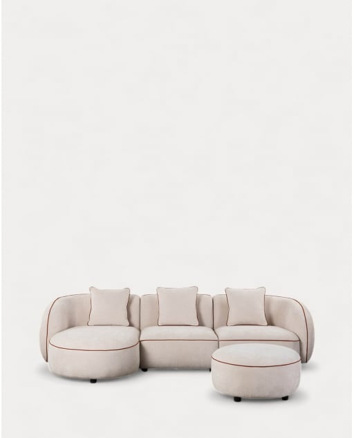 Sofá Modular 3 Peças Chaise Longue com Canto e Puff Redondo em Tecido Ilham