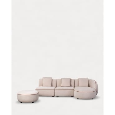 Sofá Chaise Longue Modular de 3 Peças com 2 Poltronas e Pufe Redondo em Tecido Ilham Bege Seashell & Chaise longue à direita - The Masie