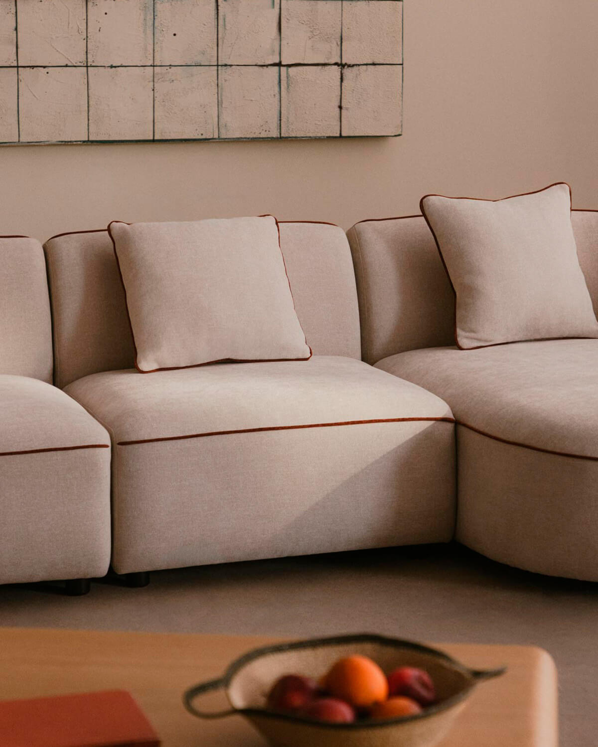 Sofá Chaise Longue Modular de 3 Peças com 2 Poltronas e Pufe Redondo em Tecido Ilham, imagem de galeria 3