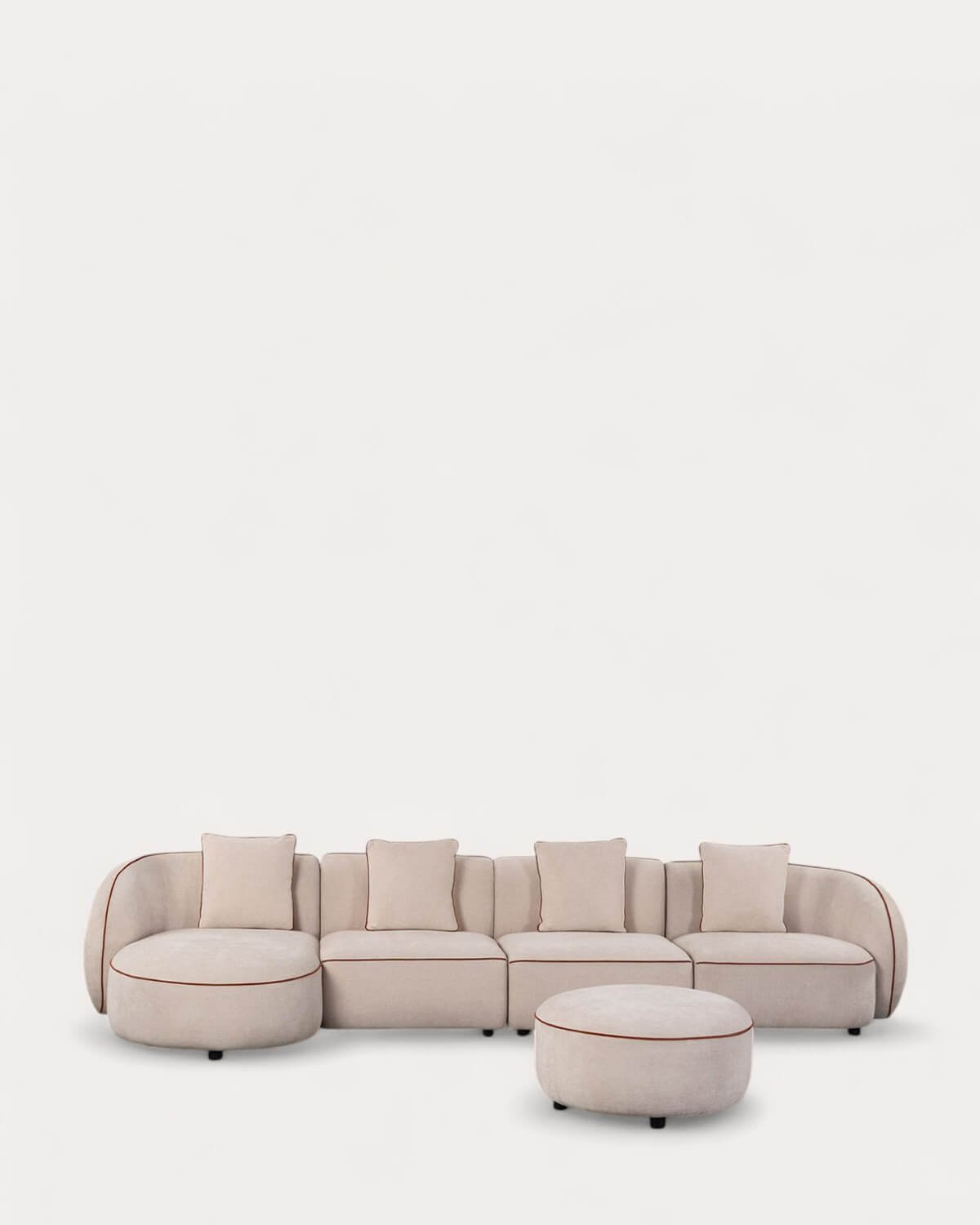 Sofá Modular de Canto 4 Peças com Chaise Longue e Pufe Redondo em Tecido Ilham 