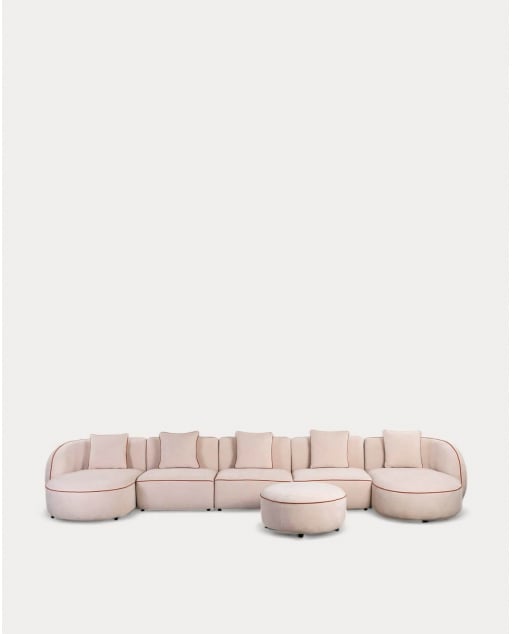 Sofá Modular 5 Peças com 2 Chaise Longue e Puff Redondo em Tecido Ilham