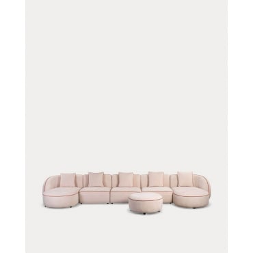 Sofá Modular 5 Peças com 2 Chaise Longue e Puff Redondo em Tecido Ilham Bege Seashell - The Masie