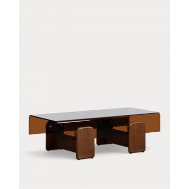 Mesa de Centro Retangular em Vidro Curva e Madeira (120x60 cm) Clery Âmbar - The Masie