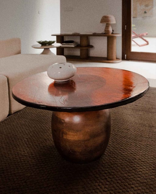 Mesa de Centro Redonda em Madeira de Manga e Vidro (Ø82 cm) Diua