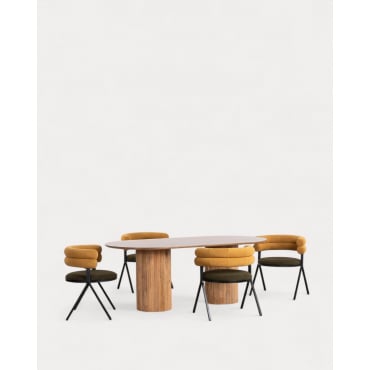 Conjunto de Mesa de Jantar em Madeira (200x100 cm) Viena e 4 Cadeiras em Tecido Aixa Amarelo Curry - The Masie