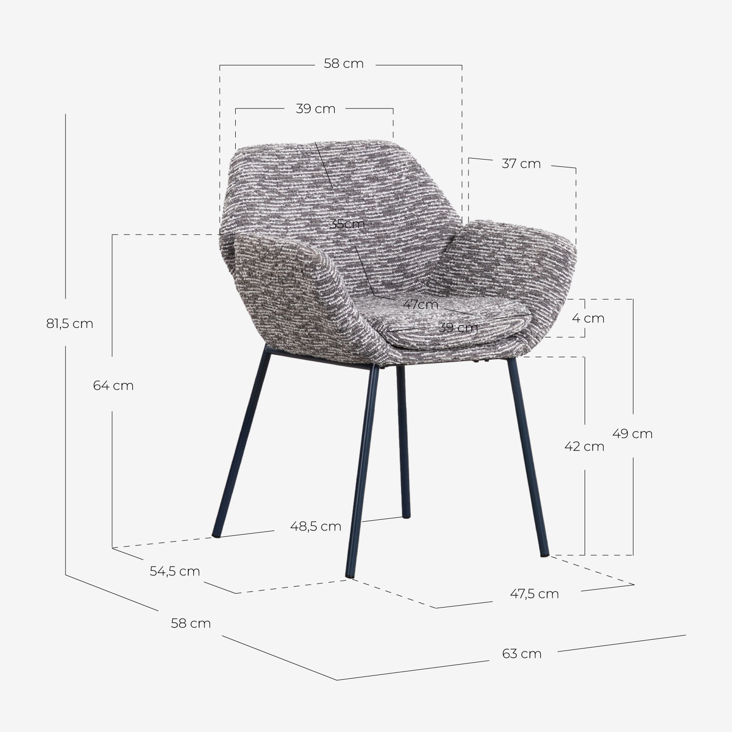 Pack 4 Cadeiras de Jantar em Tecido com Estampado e Metal Eider , Medidas