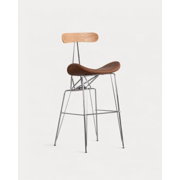 Pack 4 Bancos Altos em Couro Sintético e Madeira (76 cm) Brunela Castanho Chocolate & Cromado - The Masie