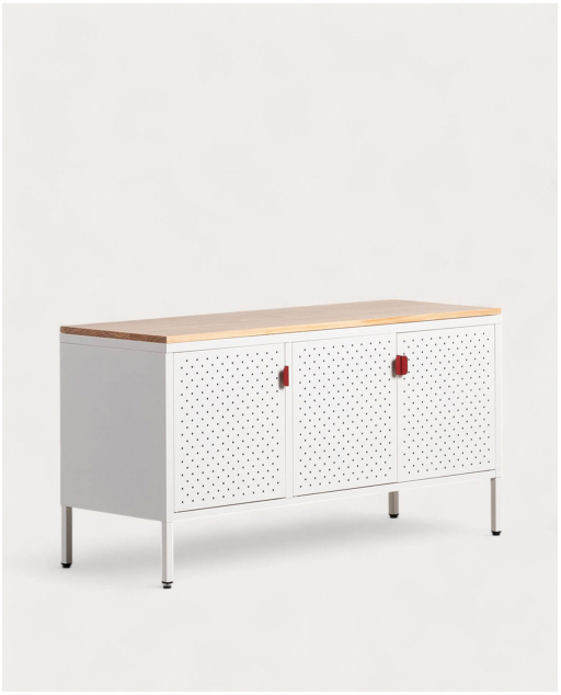 Aparador Baixo 3 Portas 115x40 cm em Aço Laminado e Madeira Pinus Varys - Blanco Egg White