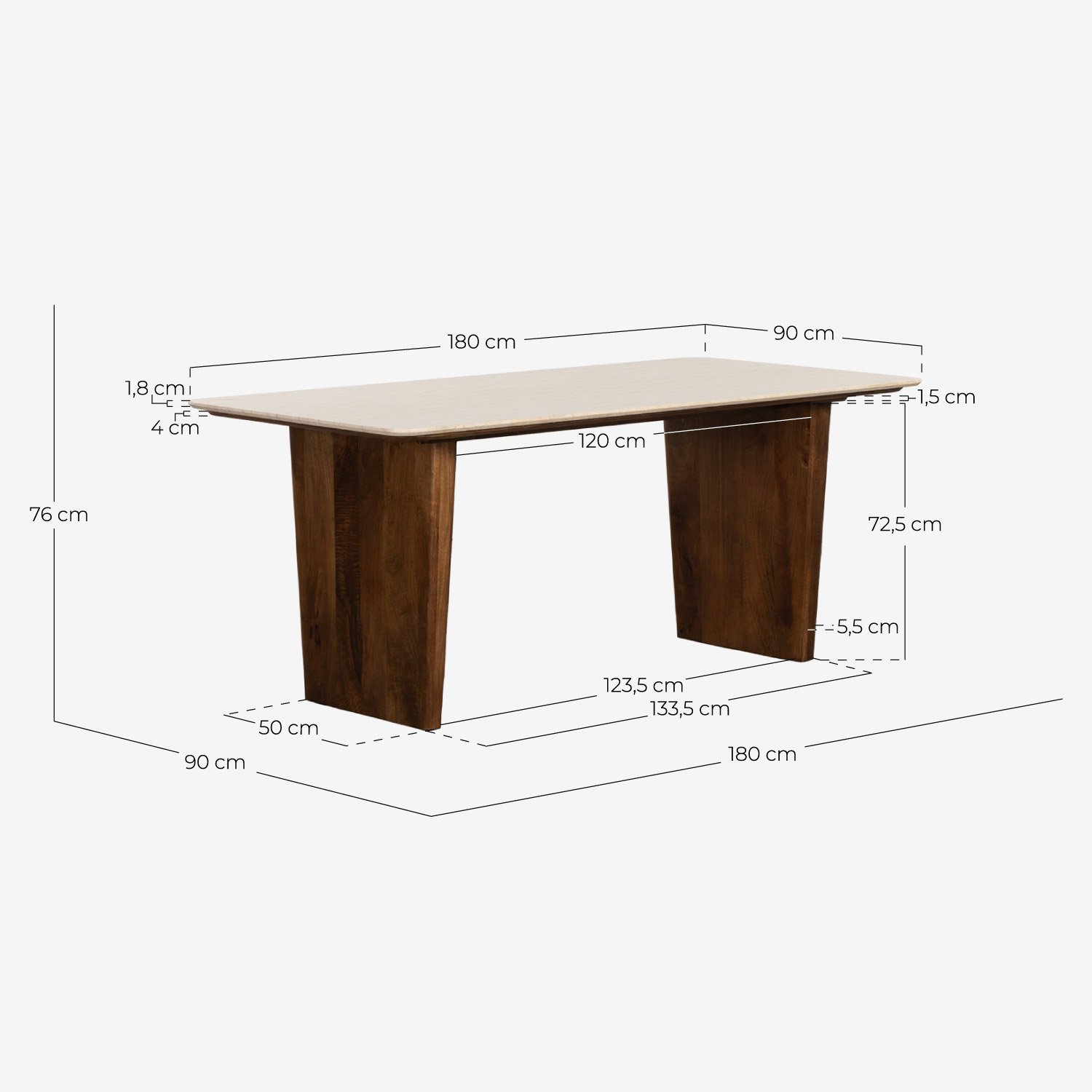 Mesa de Jantar Retangular em Mármore Egípcio e Madeira de Manga (180x90 cm) Amatis, Medidas