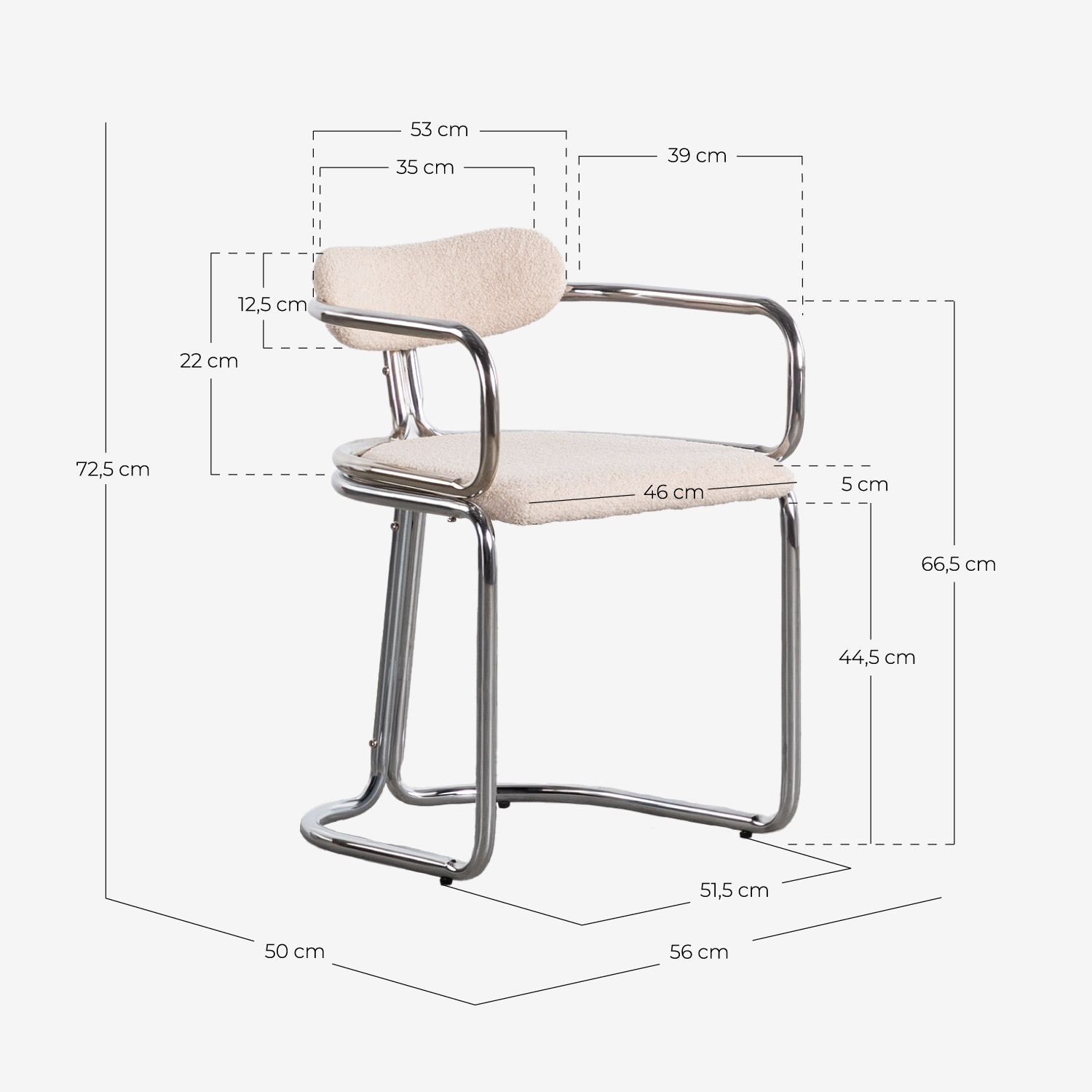 Pack de 2 Cadeiras de Jantar com Apoios de Braços em Tecido e Metal Teba Bouclé, Medidas