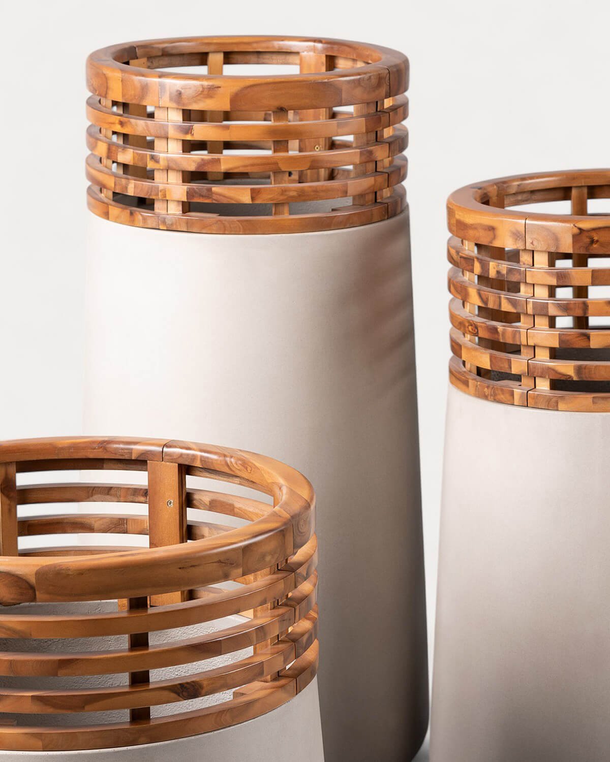 Set of 3 Acacia Concrete and Wooden Planters Hazan, imagem de galeria 5