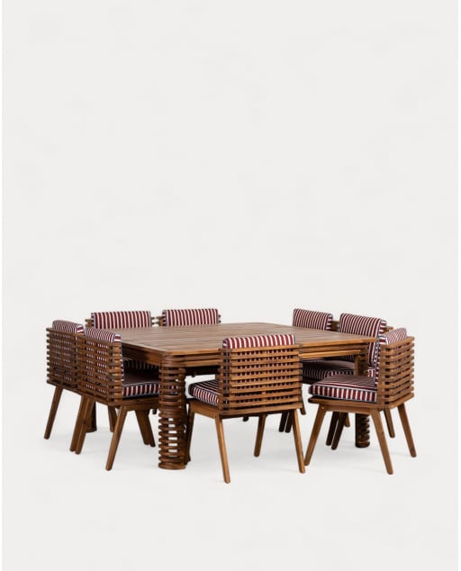Conjunto de Mesa Quadrada (160x160 cm) e 8 Cadeiras em Madeira de Acácia e Tecido para Exterior Hazan