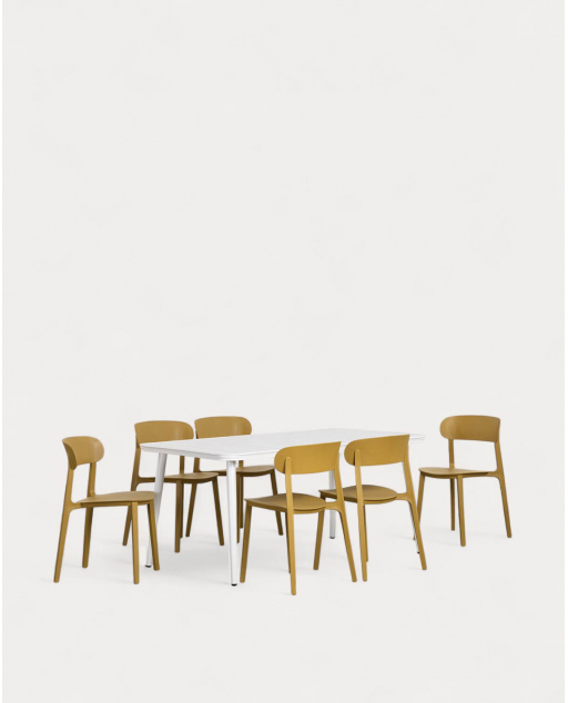 Conjunto de Mesa Retangular de Alumínio (160x90 cm) Cancun e 6 Cadeiras de Polipropileno para Área Externa Briel - Amarelo Curry