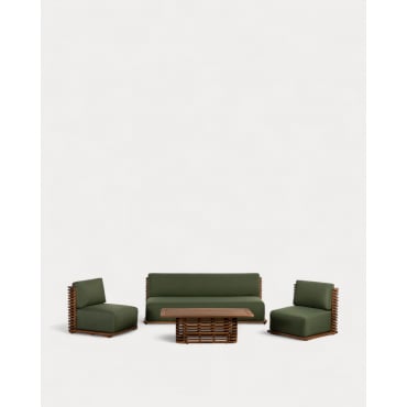 Conjunto de jardim com Sofá de 3 Lugares, 2 Poltronas e Mesa de Centro em Madeira de Acácia e Tecido Hazan Verde Nori - The Masie