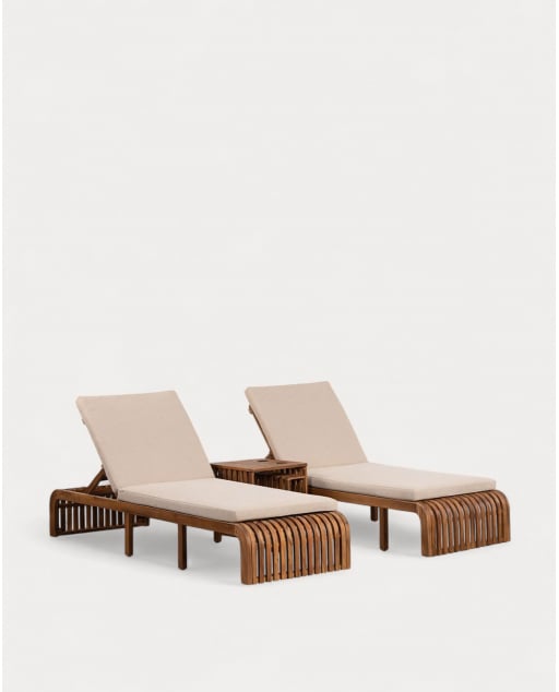Set de 2 Espreguiçadeiras e Mesa Lateral em Madeira de Acácia (45x45 cm) Hazan - Bege Seashell