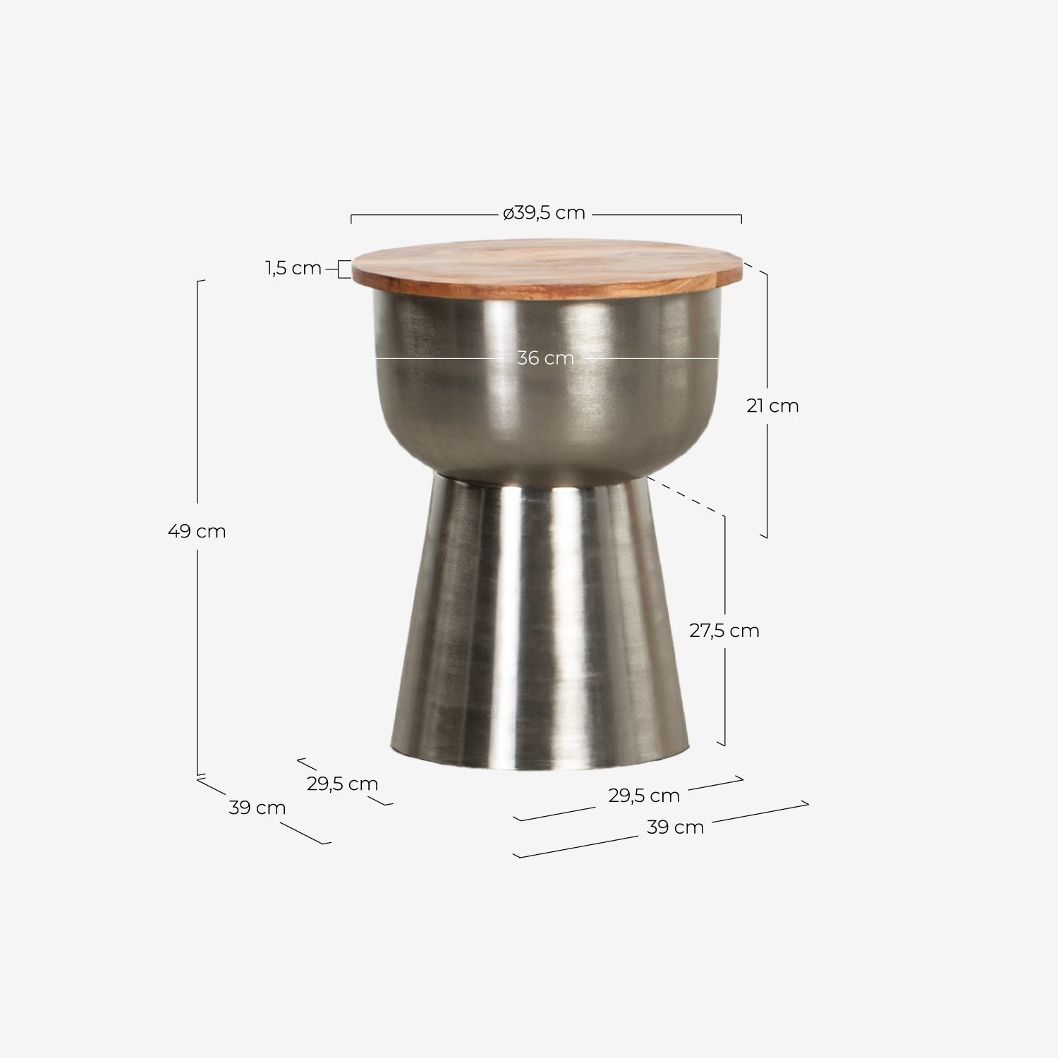 Mesa Lateral Redonda de Madeira de Acácia e Metal (Ø39 cm) Binchi, Medidas