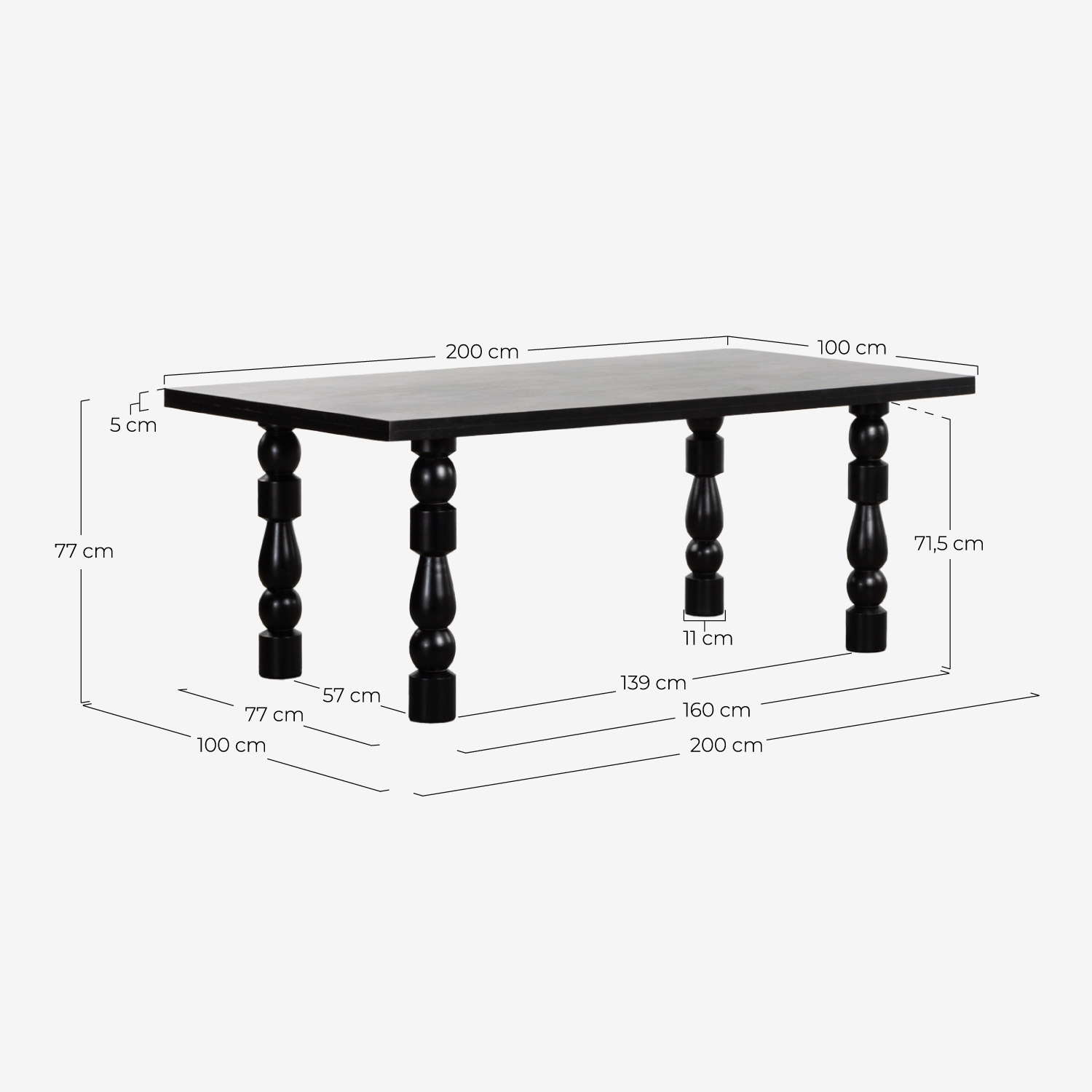 Mesa de Jantar Retangular em Madeira de Mangueira (200x100 cm) Maury, Medidas