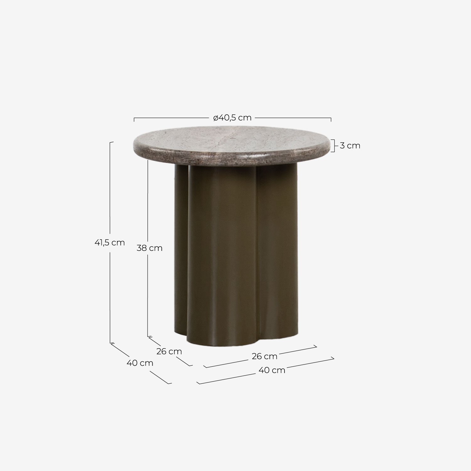 Mesa Lateral Redonda em Mármore Travertino e Metal (Ø40 cm) Trébolo, Medidas