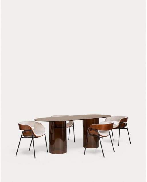Conjunto de Mesa de Jantar Oval em Vidro Temperado (200x90 cm) Kolu e 4 Cadeiras em Madeira e Tecido Berlin