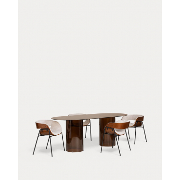 Conjunto de Mesa de Jantar Oval em Vidro Temperado (200x90 cm) Kolu e 4 Cadeiras em Madeira e Tecido Berlin Âmbar - The Masie