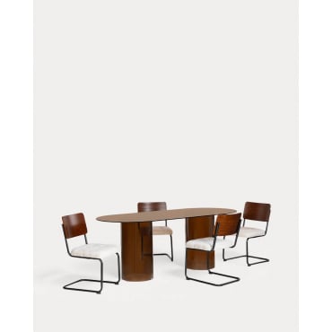 Conjunto de Mesa de Jantar Oval em Vidro Temperado (200x90 cm) Kolu e 4 Cadeiras em Madeira e Tecido Cuba Âmbar - The Masie