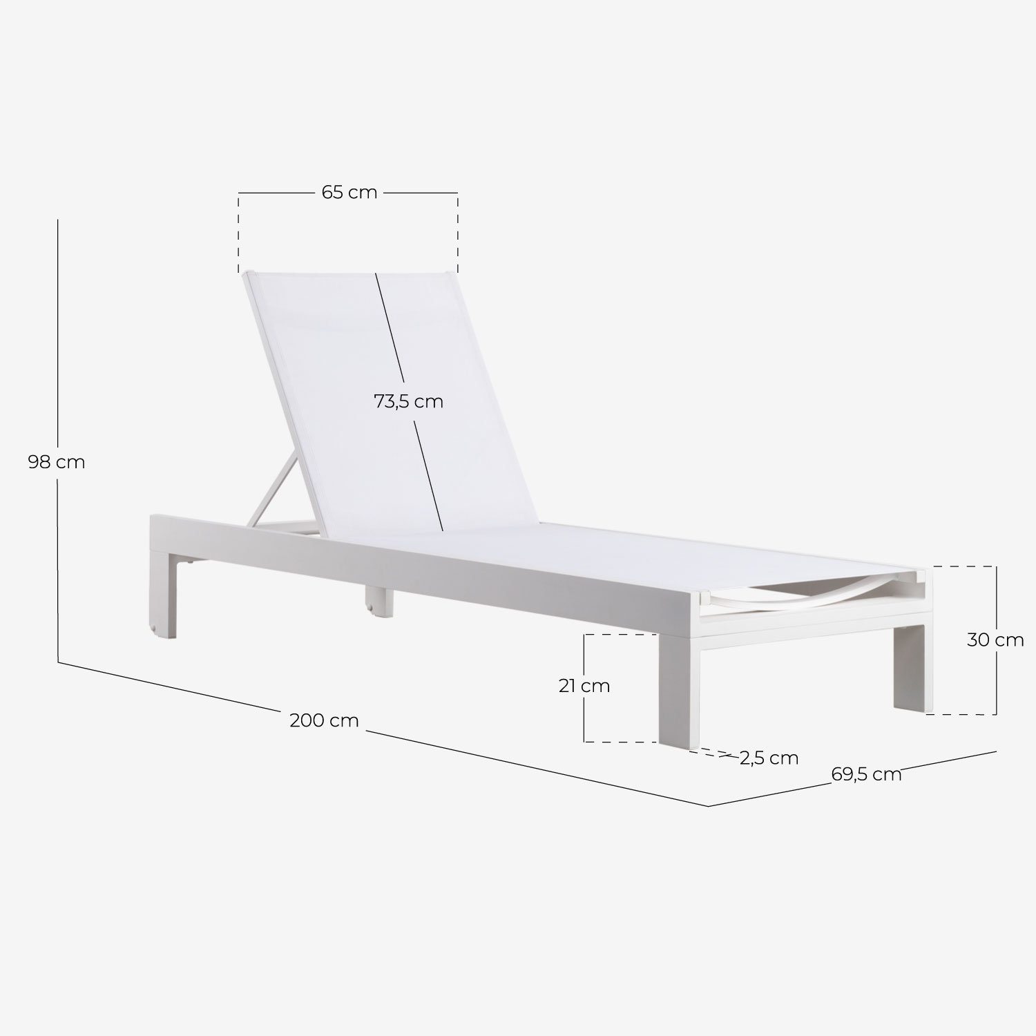 Nova Espreguiçadeira Reclinável de Alumínio com Almofada Listrada Kreta, Medidas