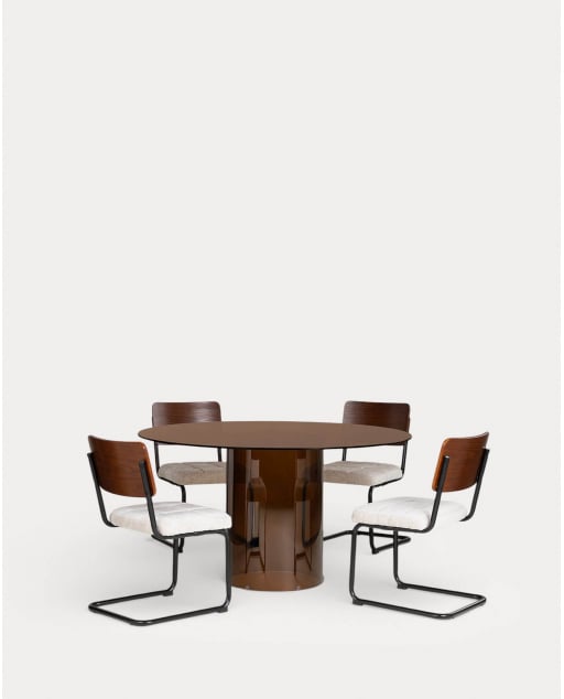 Conjunto de Mesa de Jantar Redonda de Vidro Temperado (Ø140 cm) Kolu e 4 Cadeiras de Madeira e Tecido Cuba