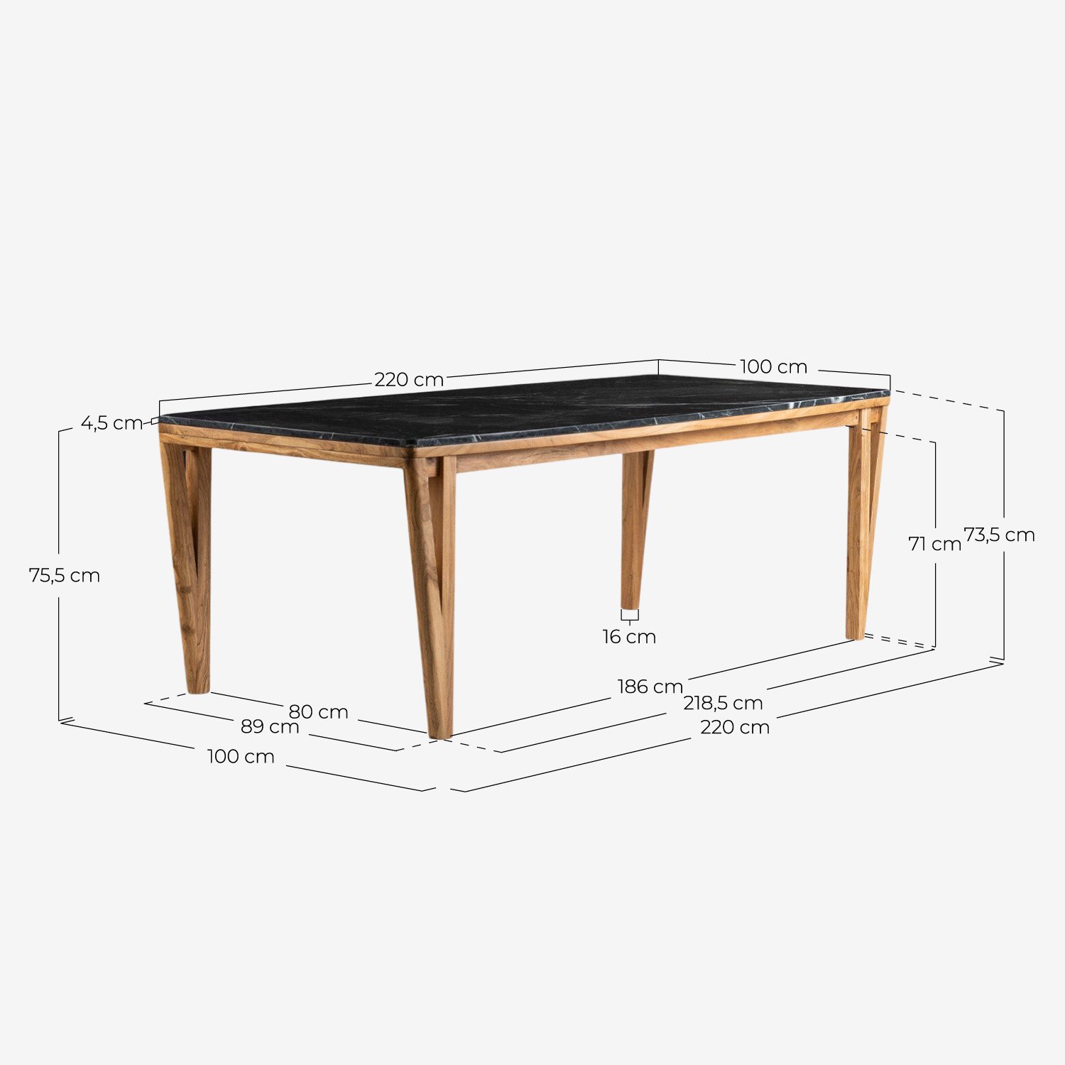 Mesa de Jantar Retangular em Mármore e Madeira de Acácia (220x100 cm) Mundy, Medidas