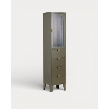 Vitrine com 1 Porta e 4 Gavetas Feita de aço Laminado e Vidro Andrius Verde Nori - The Masie