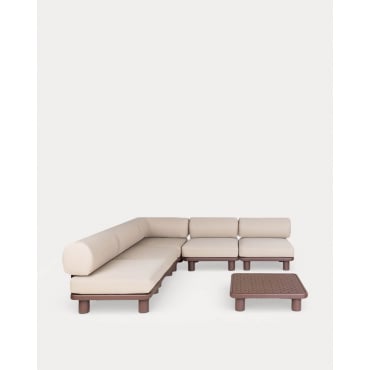 Conjunto de Jardim com 4 Módulos Centrais, Módulo de Canto e Mesa de Centro em Alumínio e Tecido Lantana Castanho Chocolate - The Masie