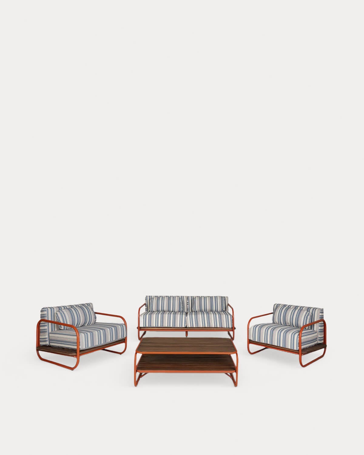 Conjunto de jardim com sofá de 2 lugares, 2 poltronas e mesa de centro em metal e tecido Ahrus