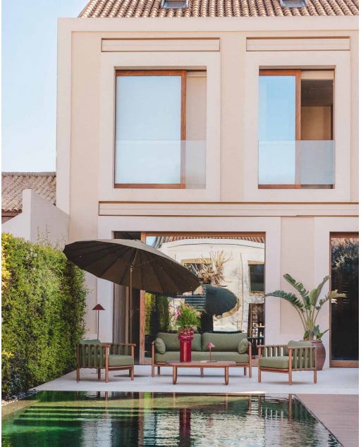 Conjunto de Jardim com Sofá de 2 Lugares, 2 Poltronas e Mesa de Centro em Madeira de Eucalipto e Tecido Edvard