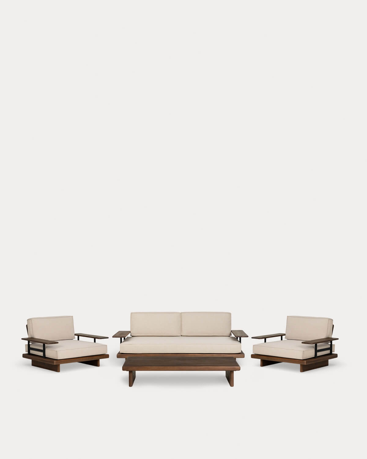 Conjunto de jardim com sofá de 2 lugares, 2 poltronas e mesa de centro em madeira de acácia e metal Ayanis