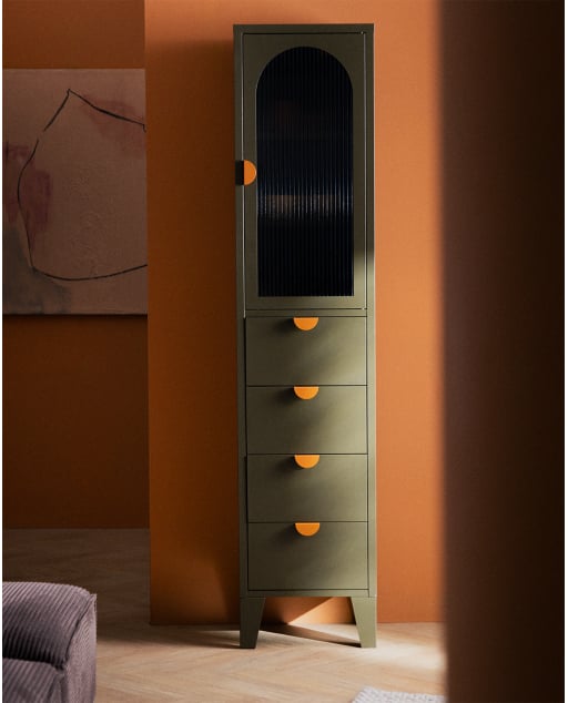 Vitrine com 1 Porta e 4 Gavetas Feita de aço Laminado e Vidro Andrius