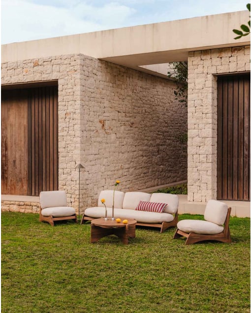 Conjunto de Jardim com Sofá de 3 Lugares, 2 Poltronas e Mesa de Centro em Madeira de Acácia e Tecido Lorent