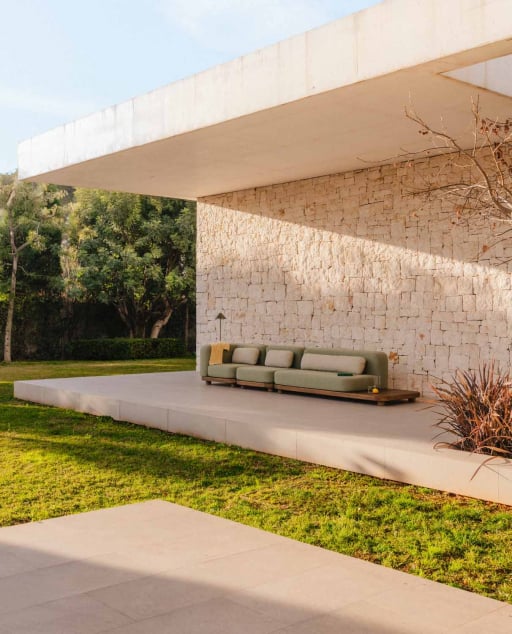 Conjunto Sofá Modular de Jardim de 3 Peças Módulo de Sofá, Módulo Central e Módulo de Canto em Madeira de Acácia e Tecido Redik