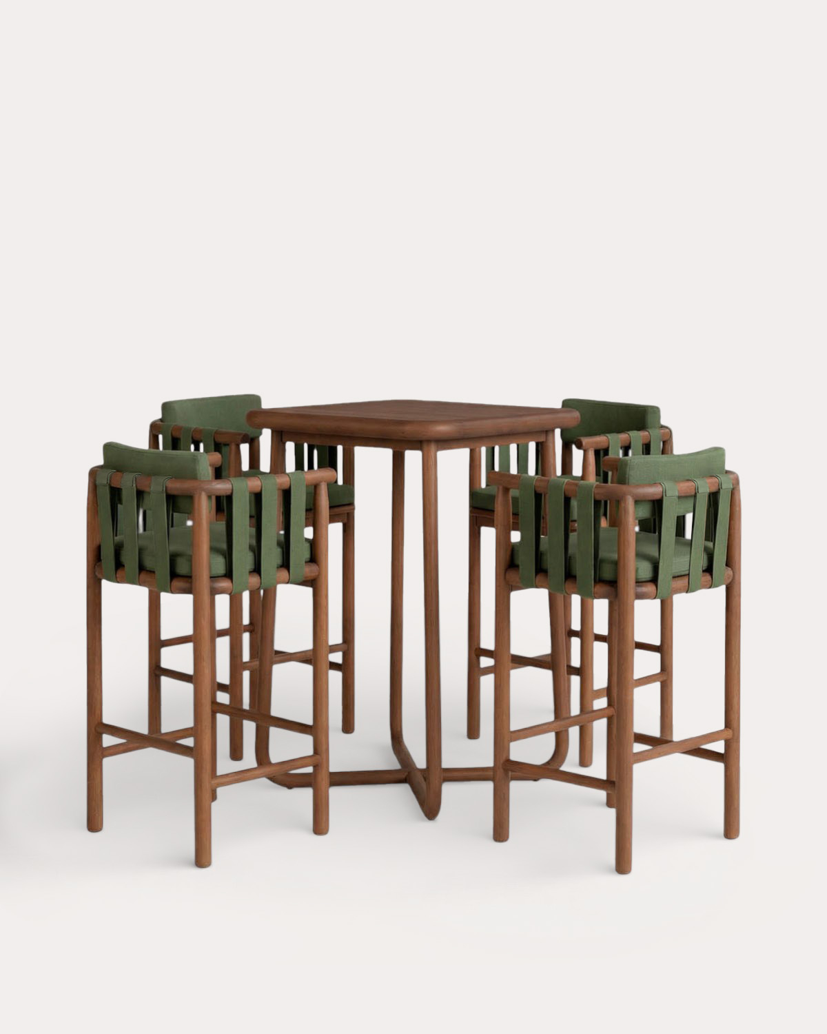 Conjunto de Mesa Alta (70x70 cm) e 4 Banquetas Altas em Madeira de Eucalipto e Tecido para Exterior Edvard, imagem de galeria 1