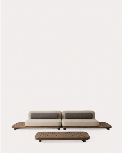 Conjunto de Jardim com 2 Sofá de 2 Módulos e Mesa de Centro em Madeira de Acácia e Tecido Redik - Bege Seashell