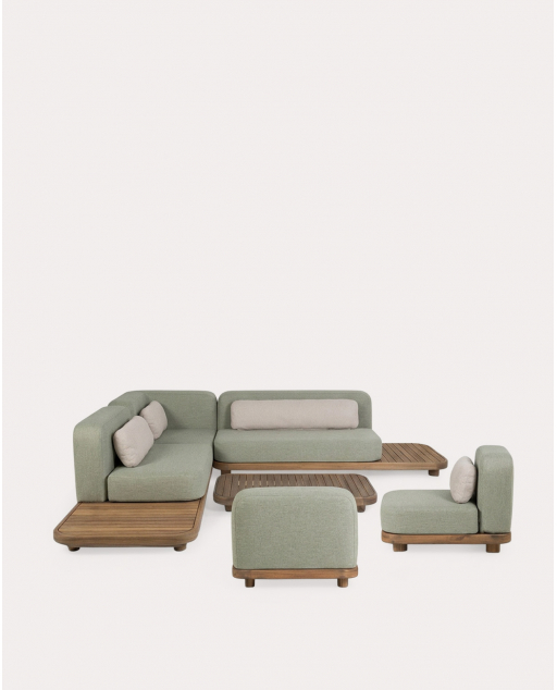 Conjunto Garden com 2 Módulos de Sofá, Módulo de Canto, 2 Módulos Centrais e Mesa de Centro em Madeira de Acácia e Tecido Redik - Verde Nori