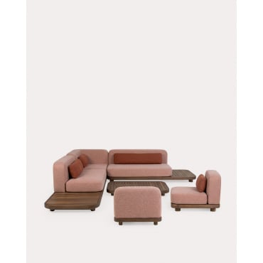 Conjunto Garden com 2 Módulos de Sofá, Módulo de Canto, 2 Módulos Centrais e Mesa de Centro em Madeira de Acácia e Tecido Redik Vermelho Brick - The