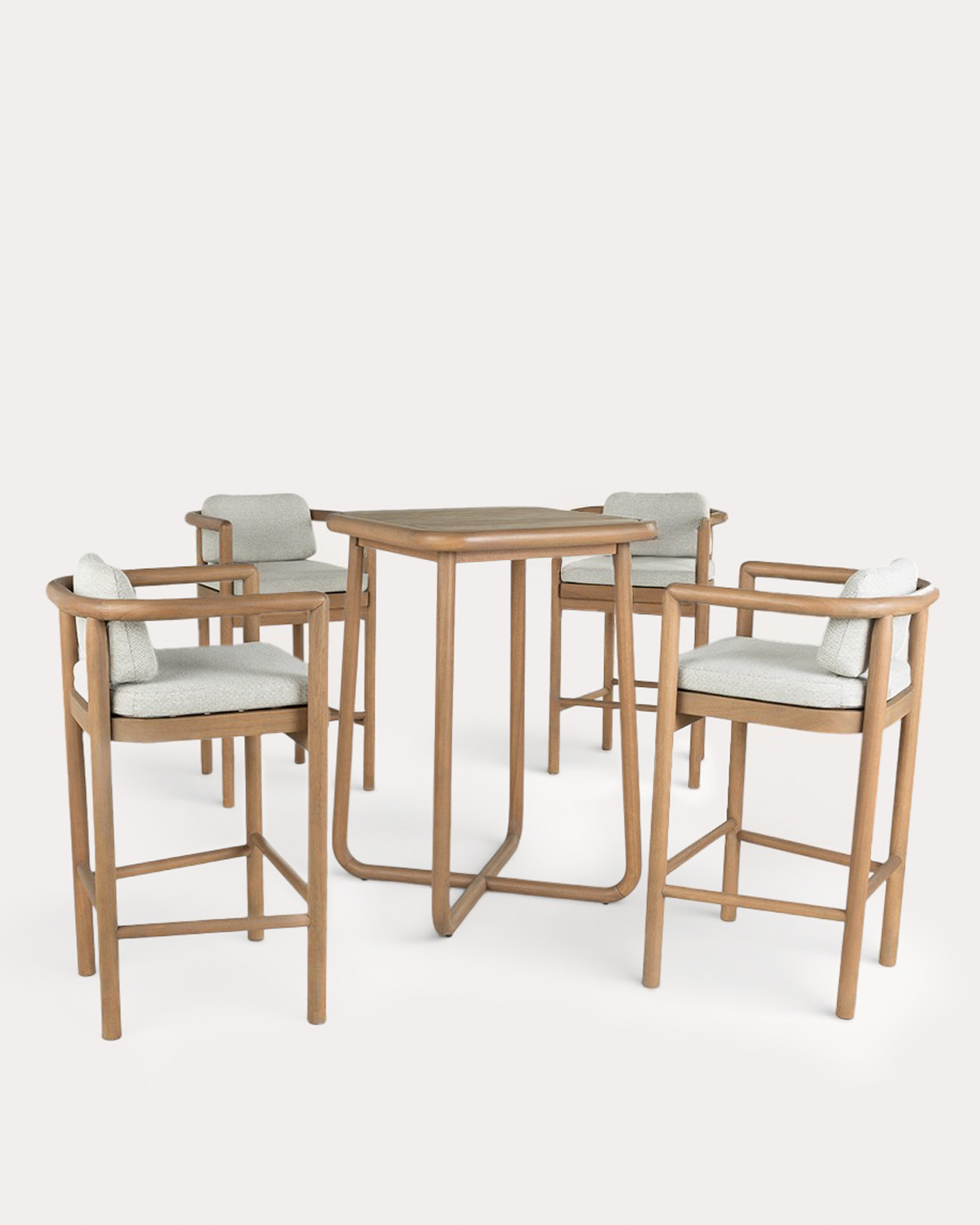 Conjunto de Mesa Alta (70x70 cm) e 4 Banquetas Altas em Madeira de Eucalipto e Tecido para Exterior Elnes