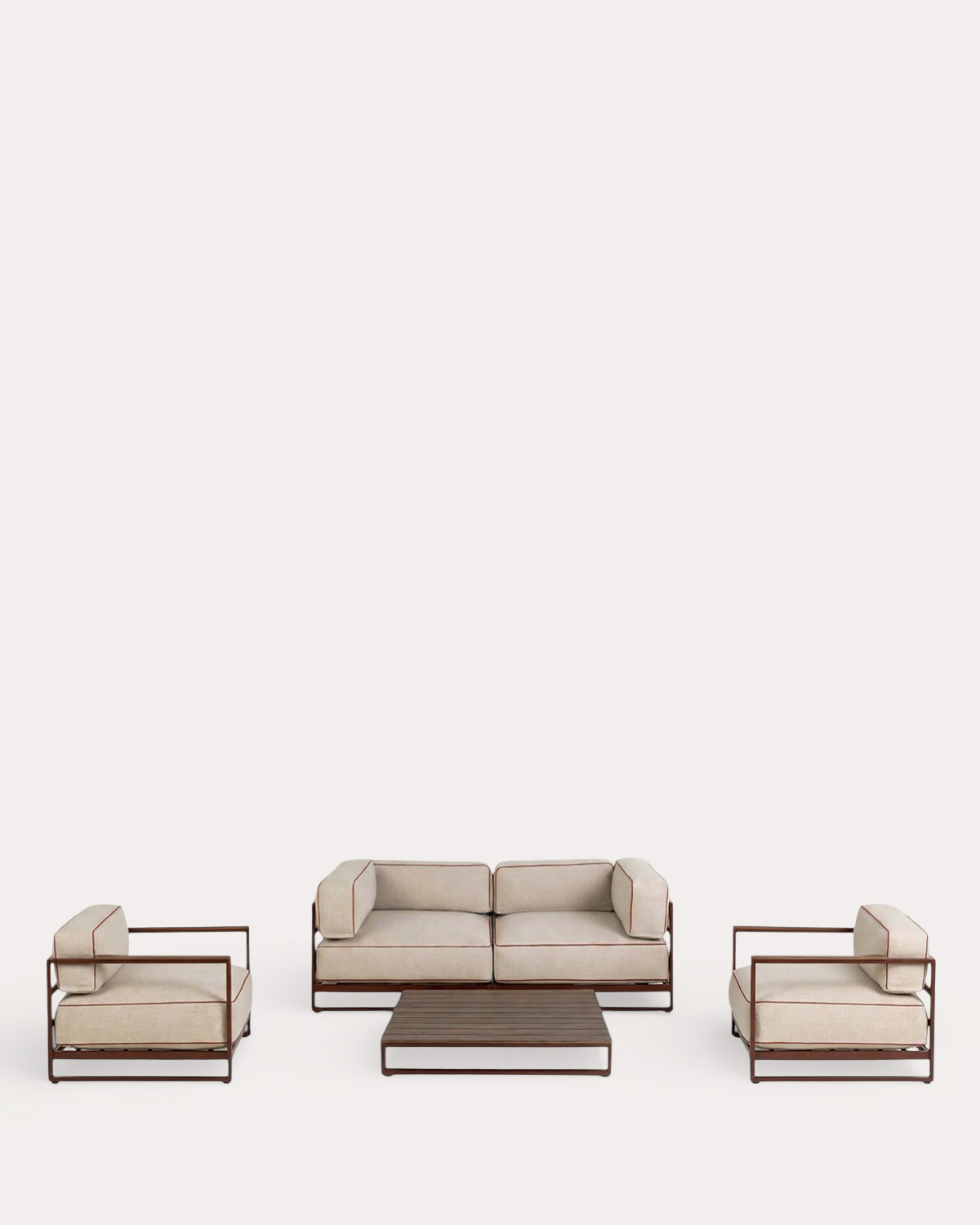 Conjunto de Jardim com 2 Módulos de Canto, 2 Poltronas e Mesa de Centro em Metal e Tecido Kristen, imagem de galeria 1