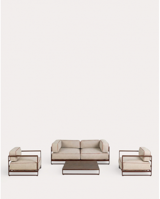 Conjunto de Jardim com 2 Módulos de Canto, 2 Poltronas e Mesa de Centro em Metal e Tecido Kristen