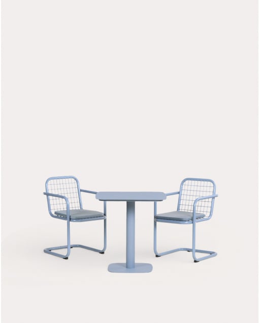 Conjunto de Mesa Quadrada (70x70 cm) Zoilo e 2 Cadeiras de Metal para Exterior com Apoios de Braços Biaritz