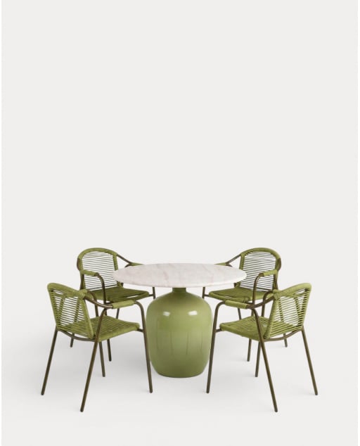Conjunto de Mesa Redonda de Cimento (Ø100 cm) Uxue e 4 Cadeiras de Exterior com Apoios de Braço em Metal e Corda Murna - Verde Olive